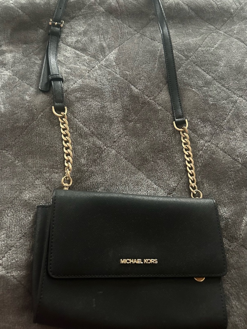 Michael Kors Black Leather Crossbody with Gold Chain Strap